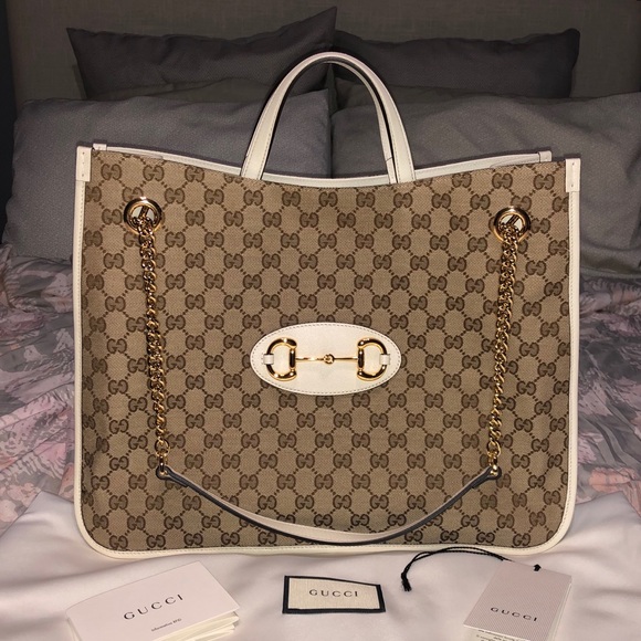 NWT Gucci Horsebit 1955 Large Tote Bag White Leather and Signature Canvas - Picture 1 of 15